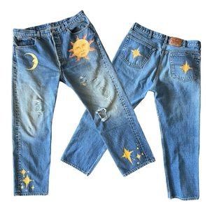 Custom Vintage Levi’s 501 90s Distressed Hand Painted Sun Moon Celestial Jeans